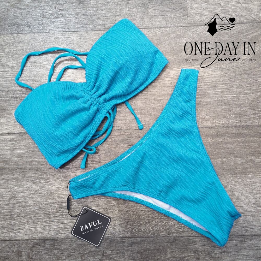 Zaful Textured Bandeau Bikini Swimsuit Turquoise Blue Ruched NWT Size S